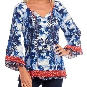 John + Mark Red White Blue Tie Dye Floral Embroidered Metallic Peasant Top